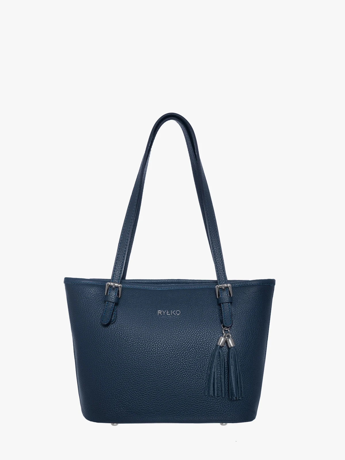 Elegancka granatowa torebka na ramię z dekoracyjnymi sprzączkami oraz ozdobą typu chwost