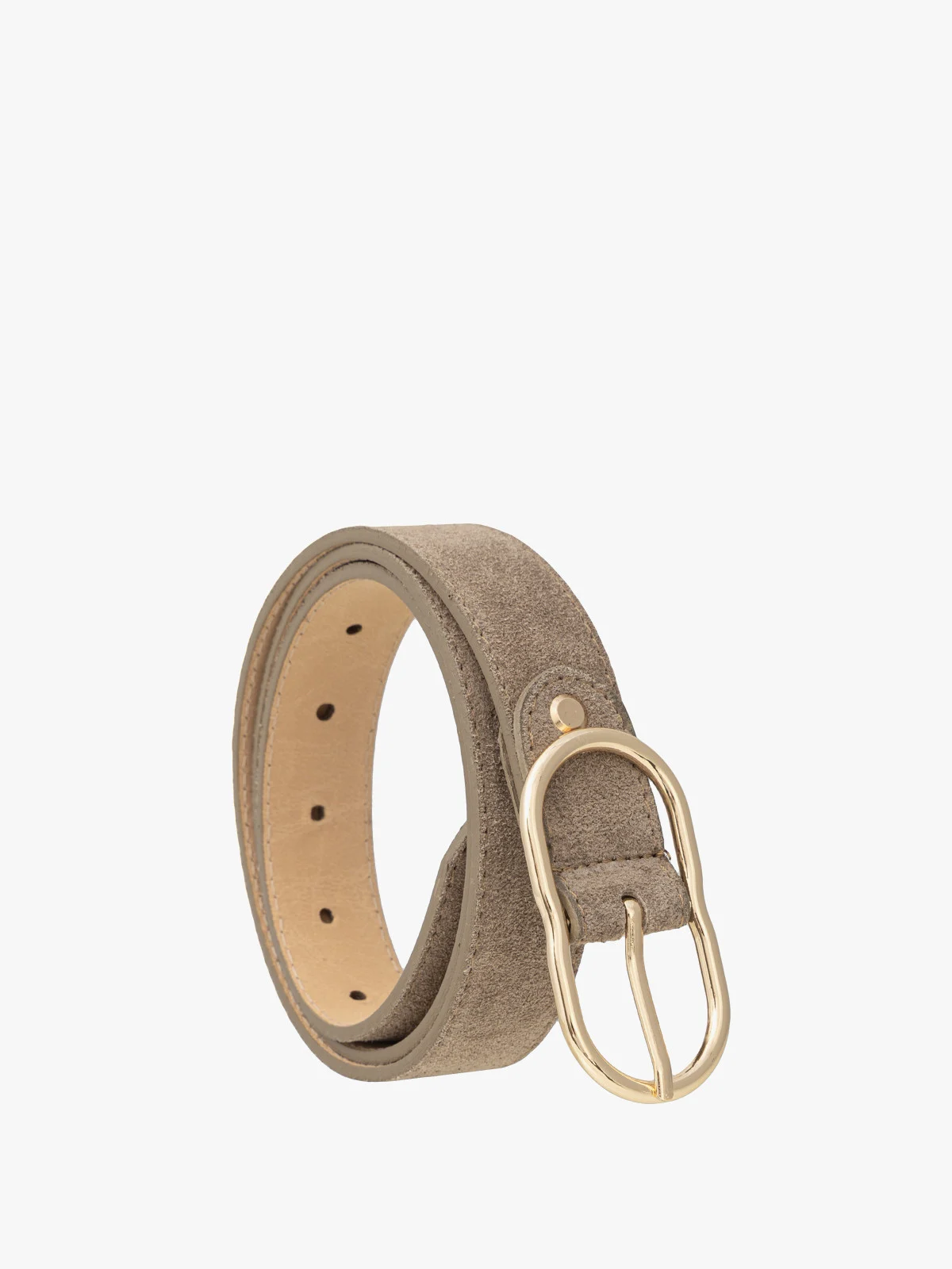 Ciemnobeżowy welurowy pasek damski ze złotą klamrą
