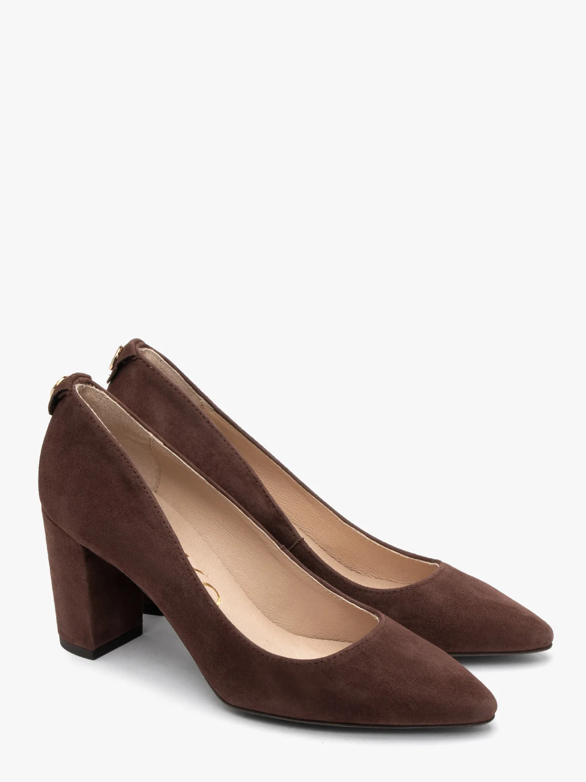 Brązowe czółenka z weluru na słupkowym obcasie