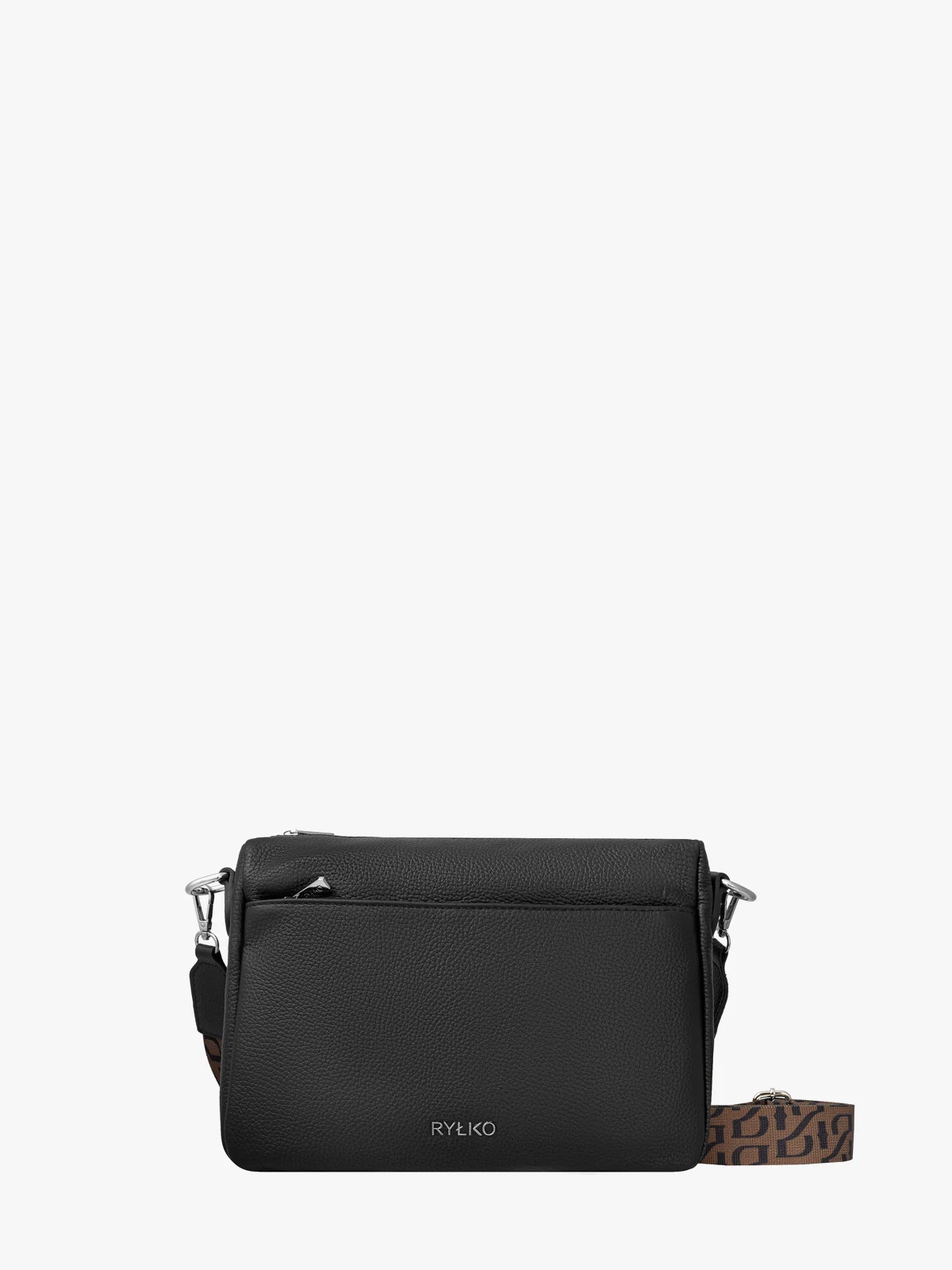 Czarna torebka listonoszka na brązowo-czarnym pasku z tkaniny