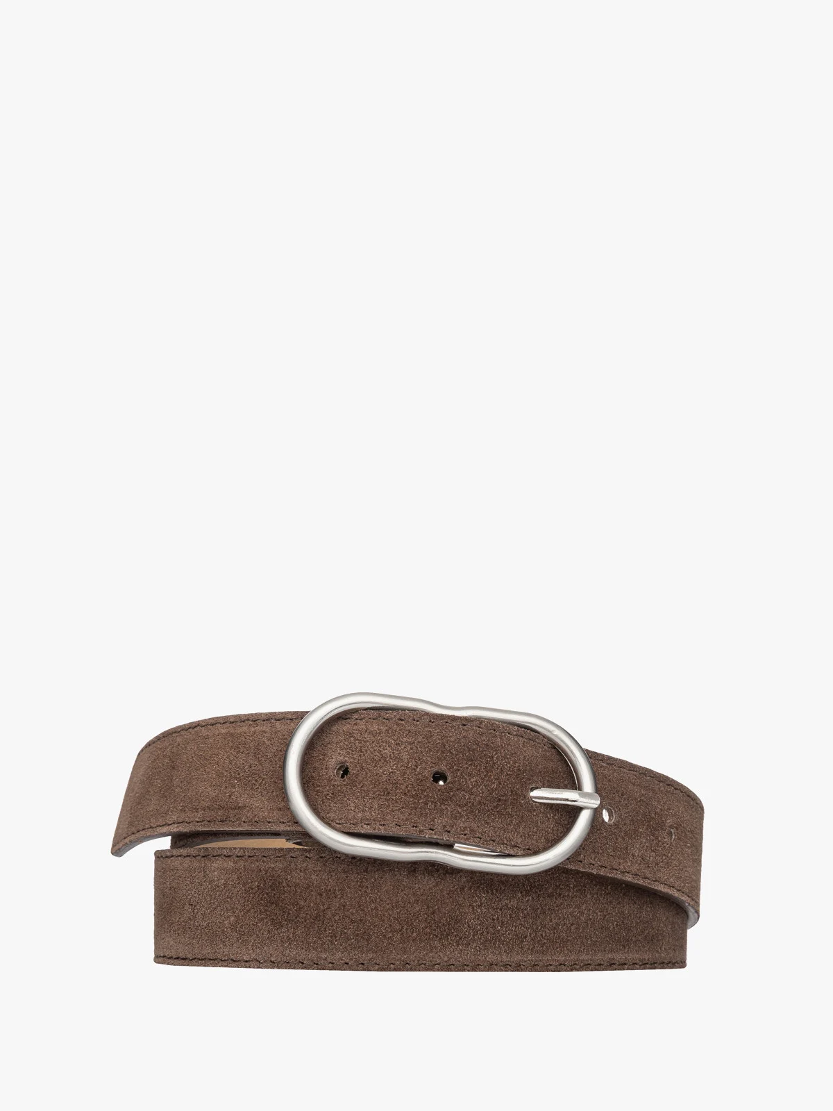 Brązowy, welurowy pasek damski ze srebrną klamrą