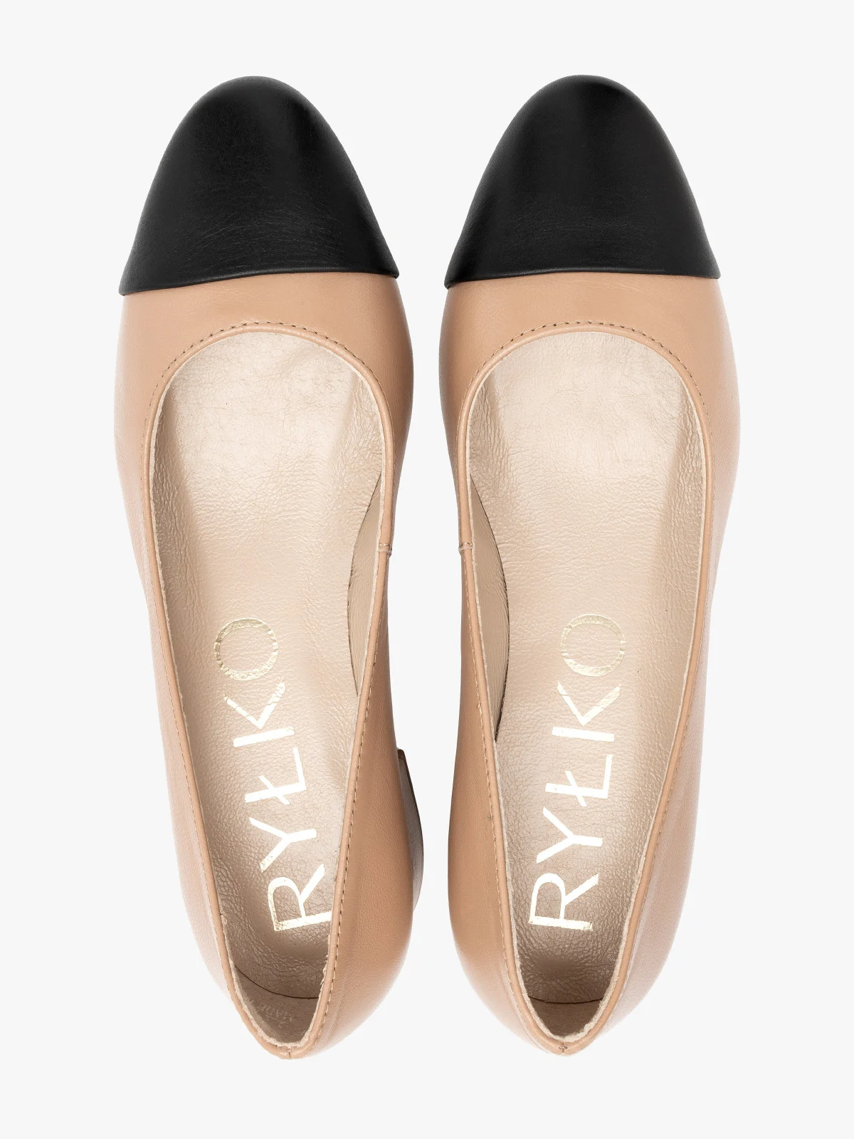 Beżowe czółenka damskie z czarnym noskiem na niskim klocku