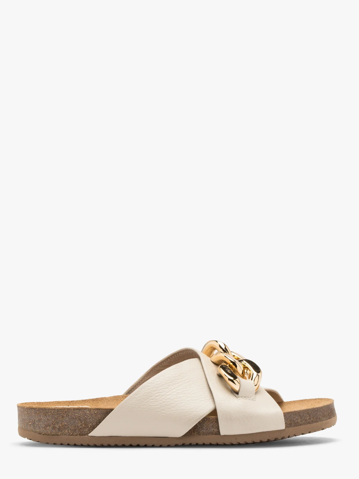 Kremowe klapki ze złotym łańcuchem