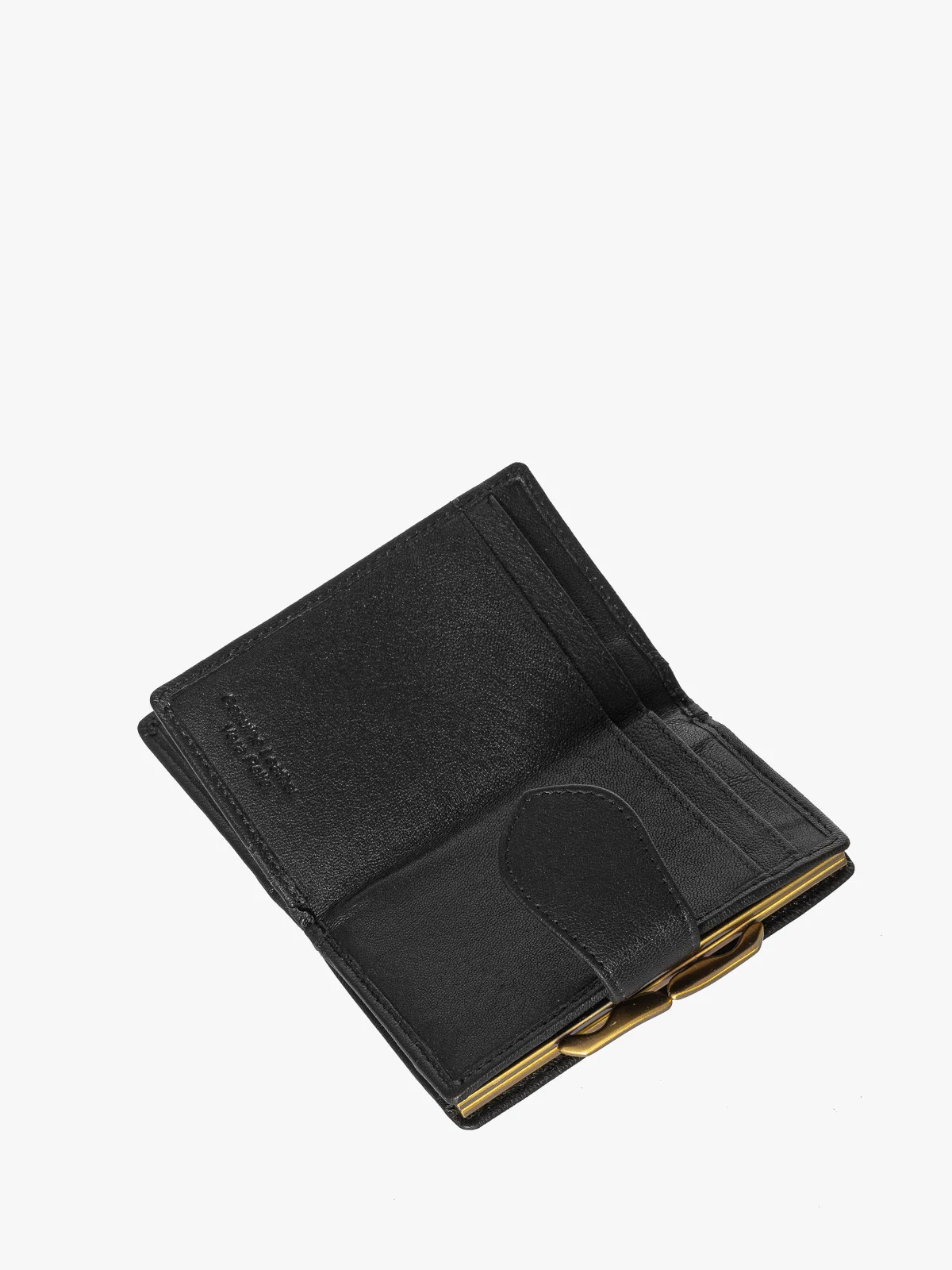 Czarny portfel damski zapinany na zatrzask oraz bigiel