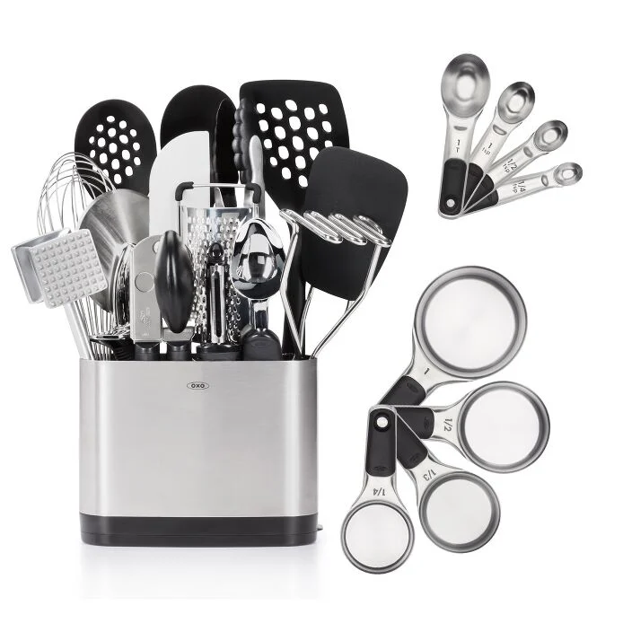 Stainless Steel Measuring Cups and Spoons Set & Everyday Kitchen Tool Set (15 pc) Bundle