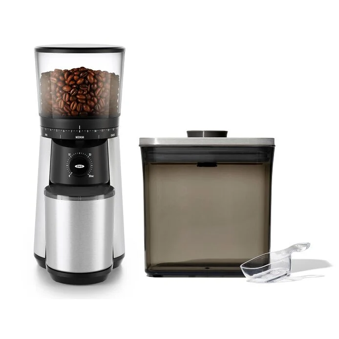 Conical Burr Coffee Grinder & Steel Coffee POP Container (1.7 Qt) with Scoop Bundle