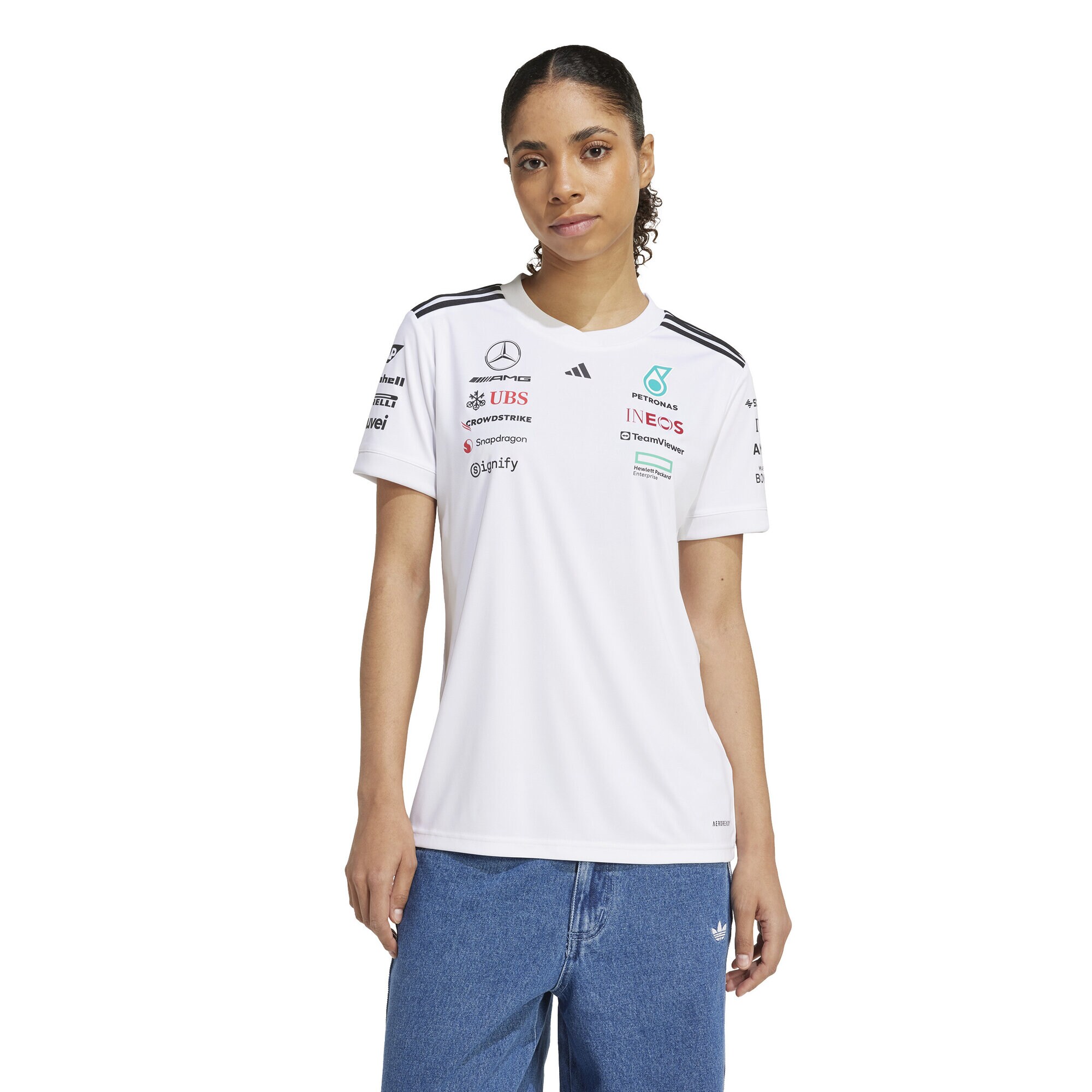 Mercedes AMG Petronas adidas F1 2025 Team Driver T-Shirt - White - Womens