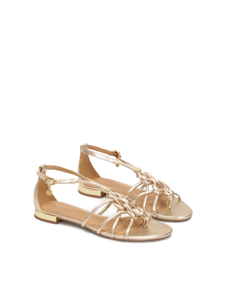 Złote sandały japonki z przeplatanymi paskami