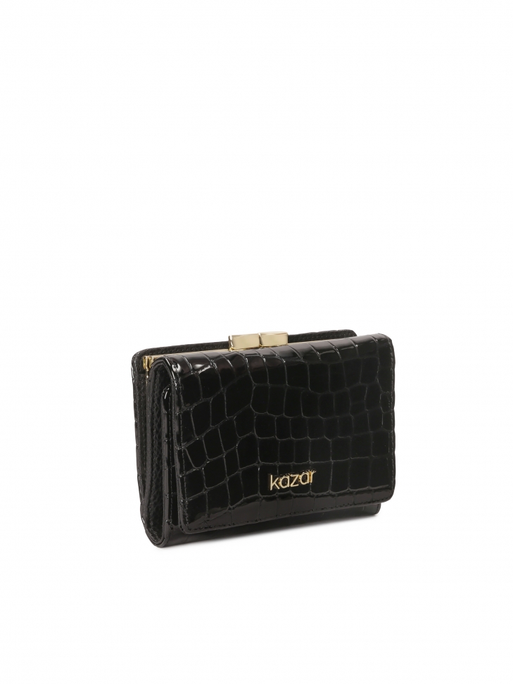 Mały czarny portfel z lakierowanej skóry tłoczonej