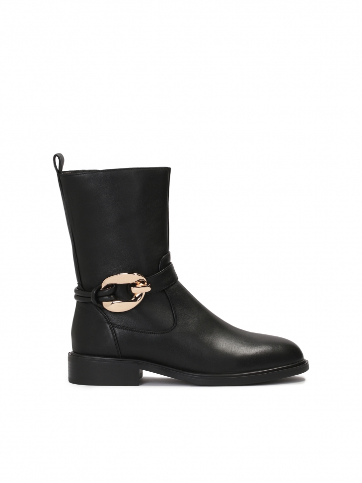 Czarne skórzane botki damskie na płaskim obcasie