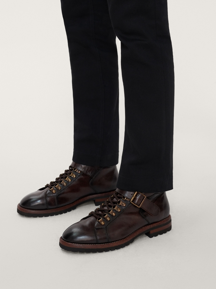 Ciemnobrązowe ocieplane trzewiki męskie z licowej skóry