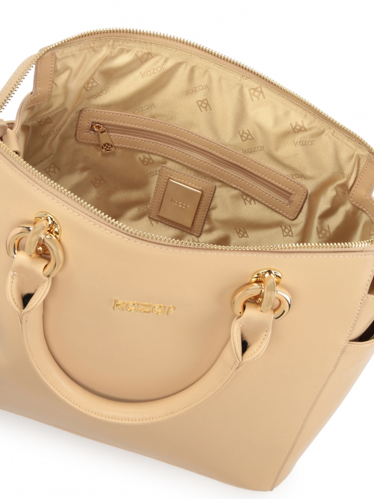 Pojemna skórzana torebka z rączkami i paskiem