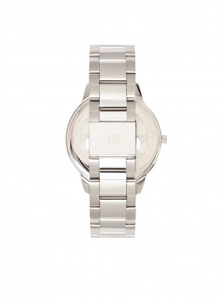 Srebrny zegarek z różową tarczą