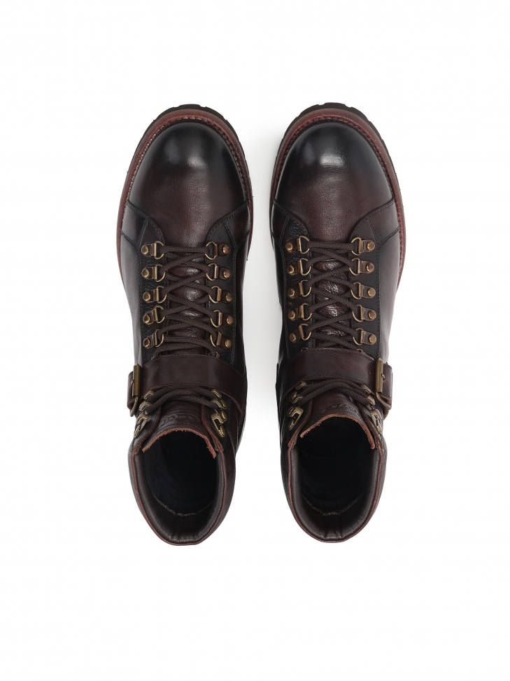 Ciemnobrązowe ocieplane trzewiki męskie z licowej skóry