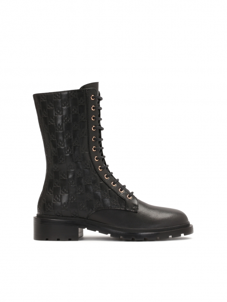 Czarne skórzane trzewiki damskie w tłoczony wzór