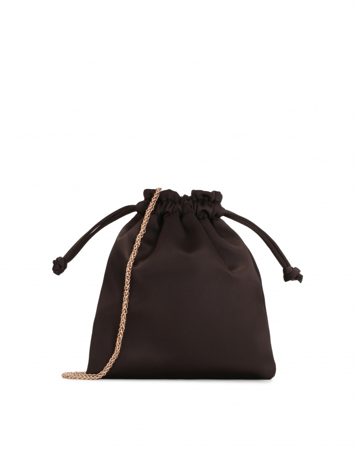 Ciemnobrązowa torebka sakiewka o satynowym wykończeniu