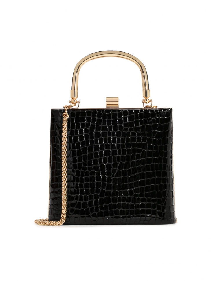 Wizytowa czarna torebka z lakierowanej skóry tłoczonej