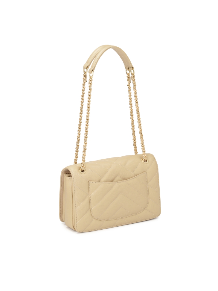 Beżowa torebka na łańcuszku ze skórzaną wstawką