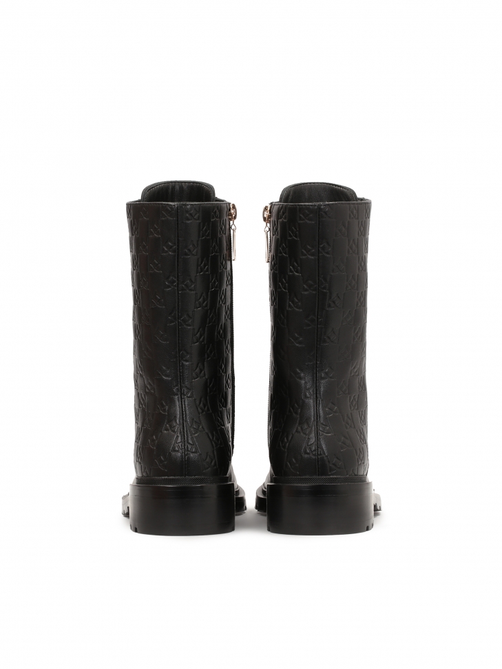 Czarne skórzane trzewiki damskie w tłoczony wzór