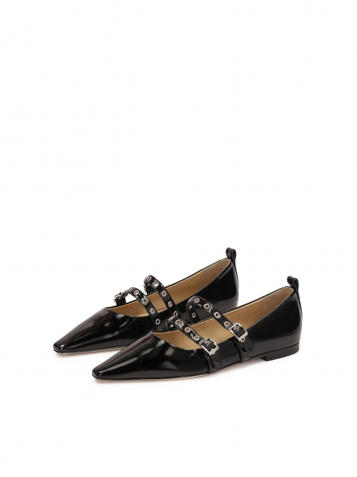 Czarne czółenka na płaskiej podeszwie z dwoma paseczkami