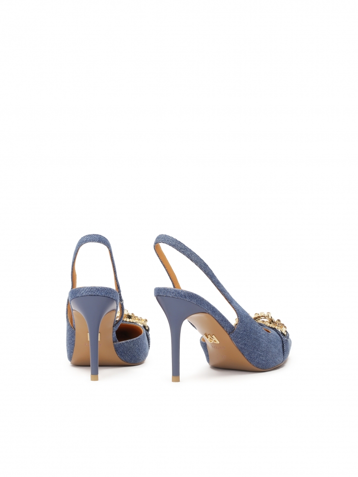 Niebieskie czółenka slingback z tkaniny denim