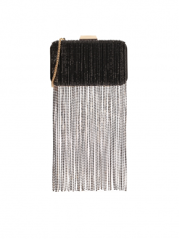 Sztywna torebka puzderko z długimi łańcuchami cyrkonii