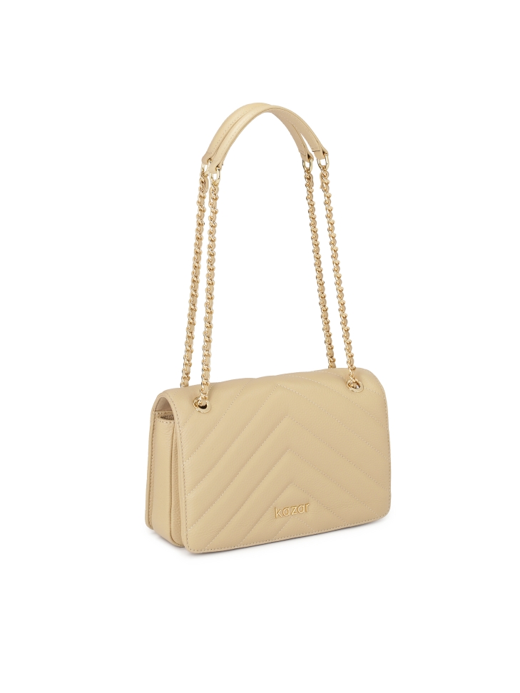 Beżowa torebka na łańcuszku ze skórzaną wstawką