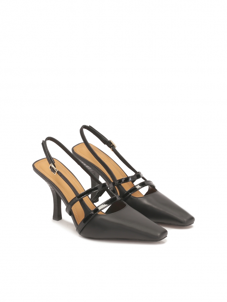 Czarne czółenka slingback z lakierowanymi paskami