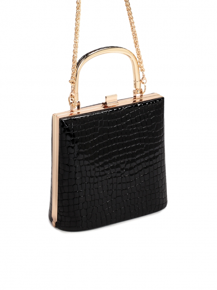 Wizytowa czarna torebka z lakierowanej skóry tłoczonej