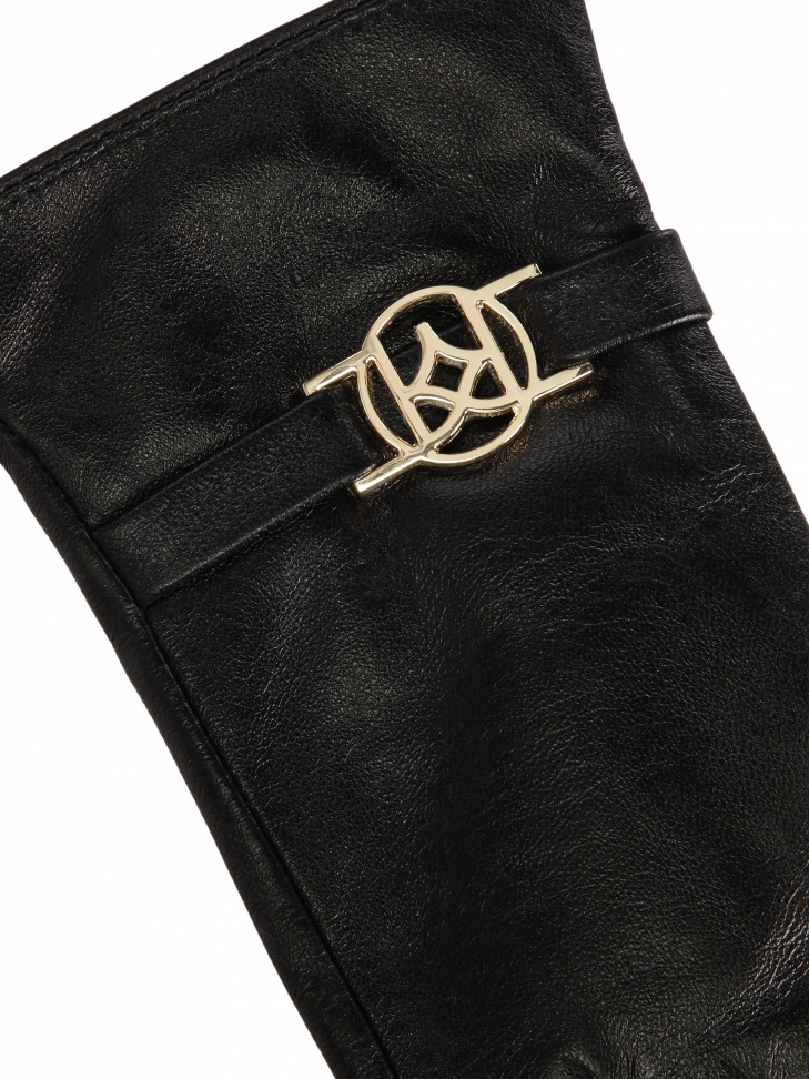 Czarne skórzane rękawiczki z paskiem z monogramem