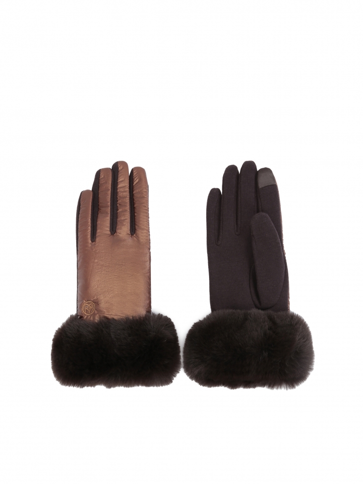 Luksusowe ciemnobrązowe rękawiczki damskie wykończone futerkiem syntetycznym