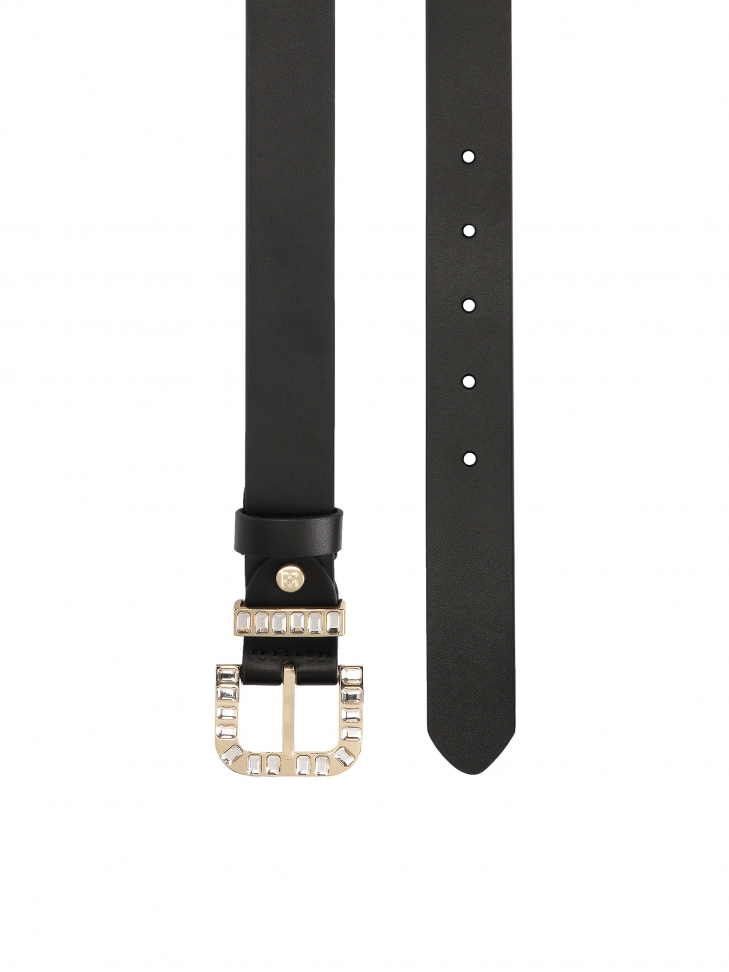 Czarny skórzany pasek z biżuteryjną klamrą