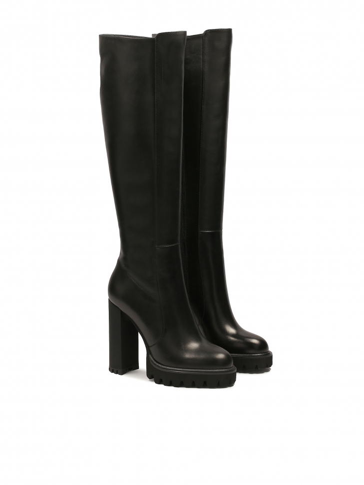 Skórzane kozaki na wysokim obcasie i platformie