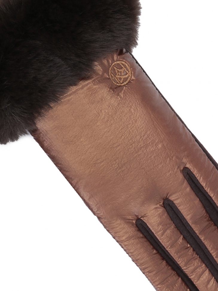 Luksusowe ciemnobrązowe rękawiczki damskie wykończone futerkiem syntetycznym