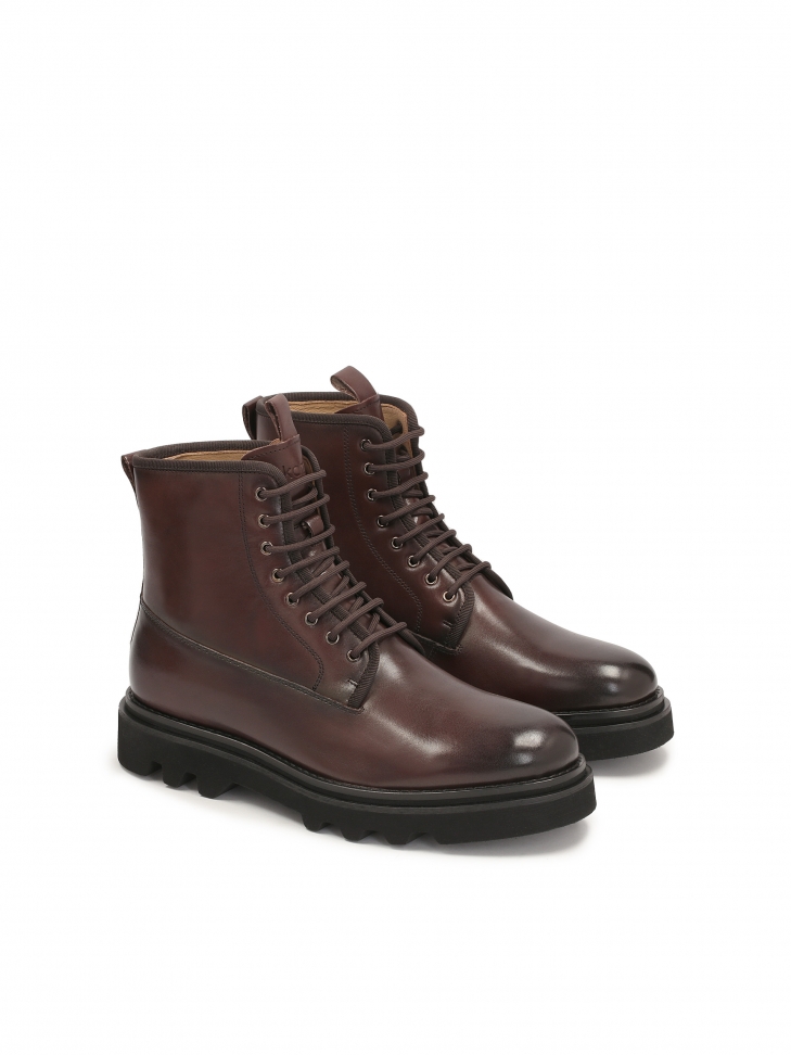 Brązowe skórzane trzewiki męskie ze sznurowaną cholewką