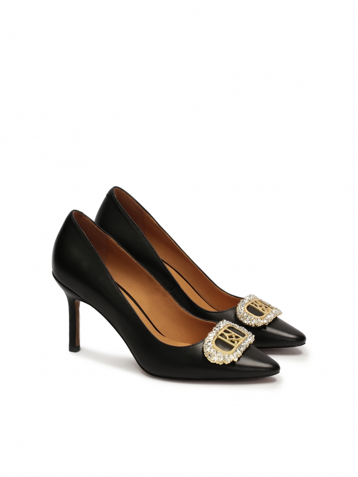 Zdobione skórzane czółenka z cyrkoniami