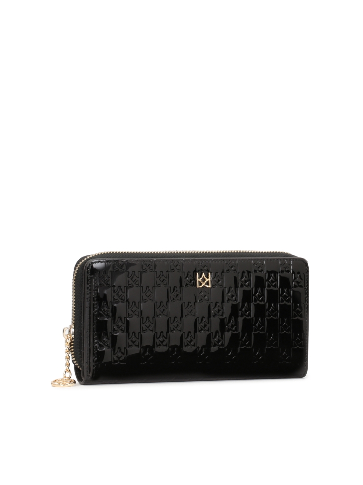 Duży czarny portfel z lakierowanej skóry z tłoczonym wzorem