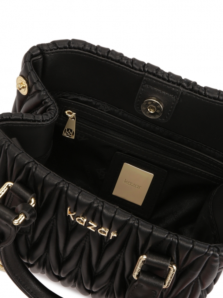 Efektowna czarna torebka z dwoma uchwytami i paskiem