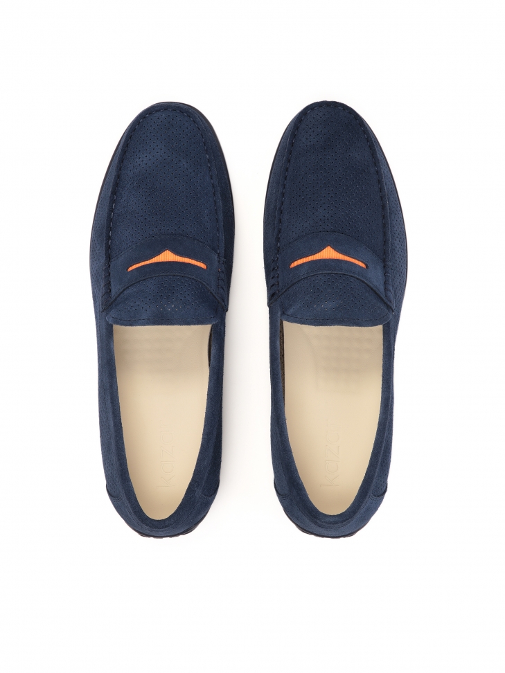Granatowe mokasyny z pomarańczową wstawką