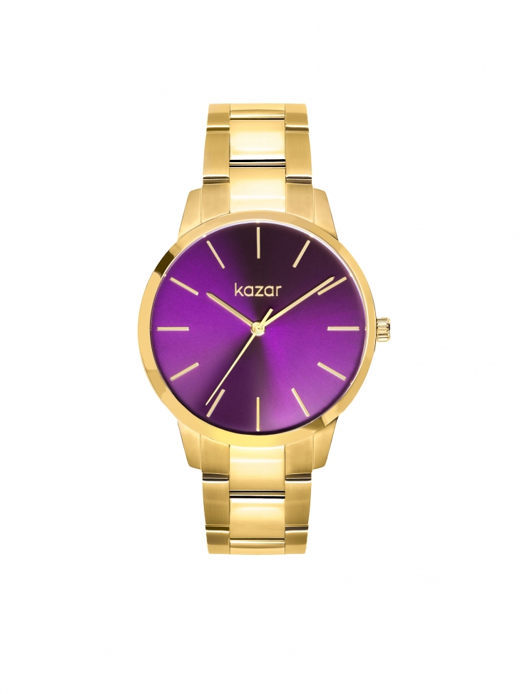 Zegarek z fioletową tarczą i otą bransoletą
