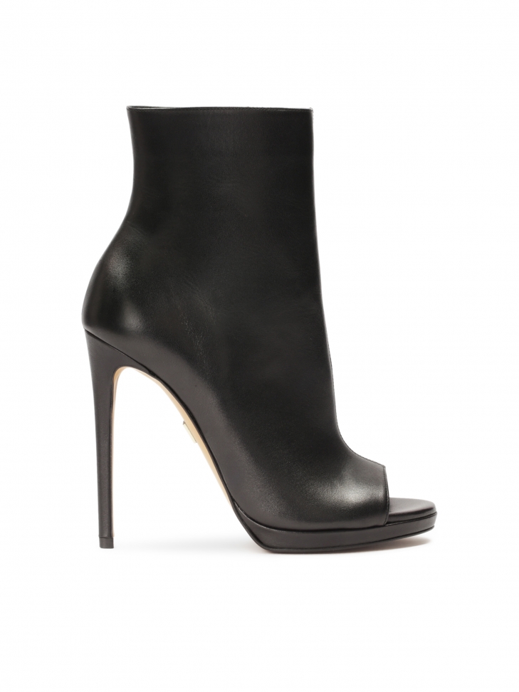 Czarne skórzane botki peep toe z suwakiem