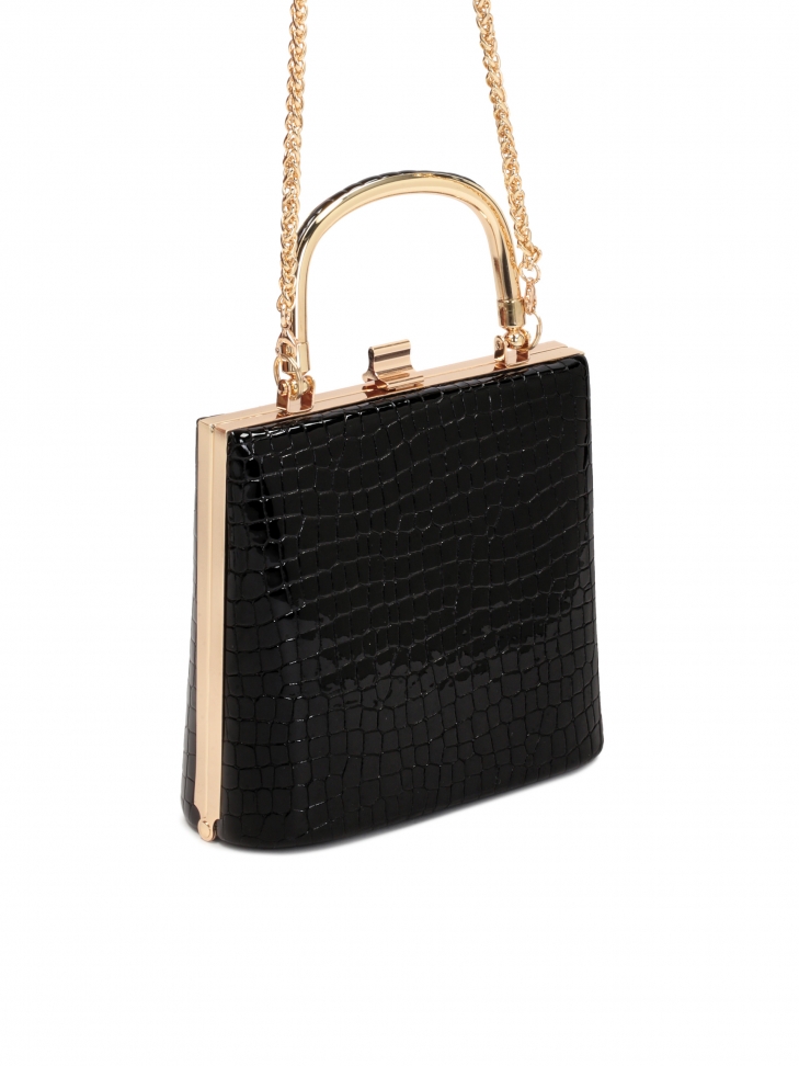 Wizytowa czarna torebka z lakierowanej skóry tłoczonej