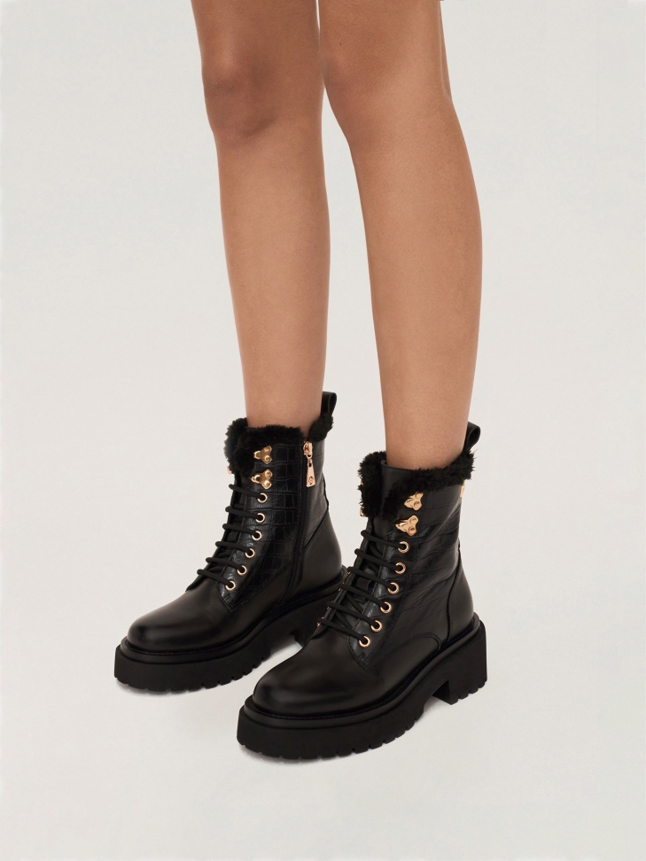 Ocieplane trzewiki damskie z tłoczonej i gładkiej skóry