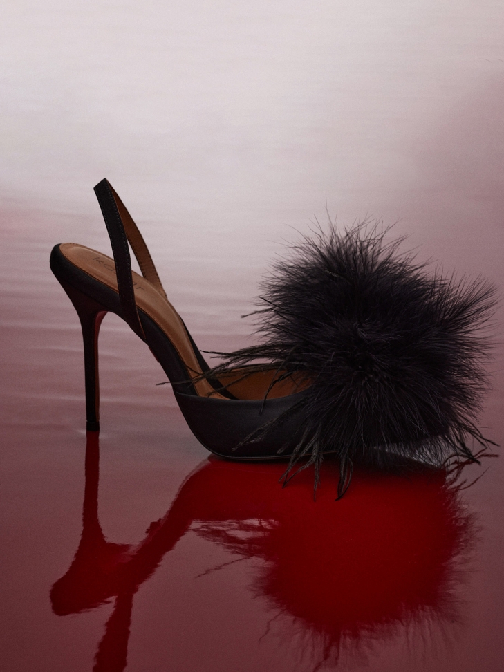 Czarne wieczorowe czółenka slingback z piórami