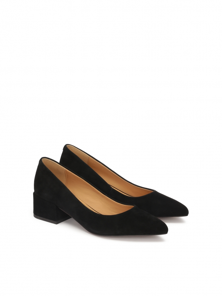 Czarne czółenka na niskim słupku z zamszu