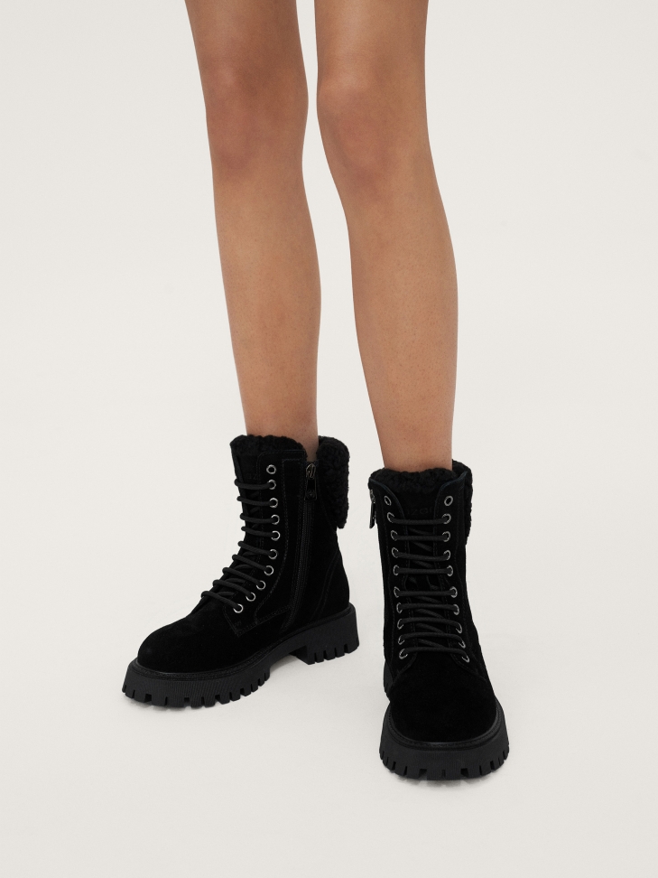 Ocieplane trzewiki damskie z miękkiego zamszu i kożuszka