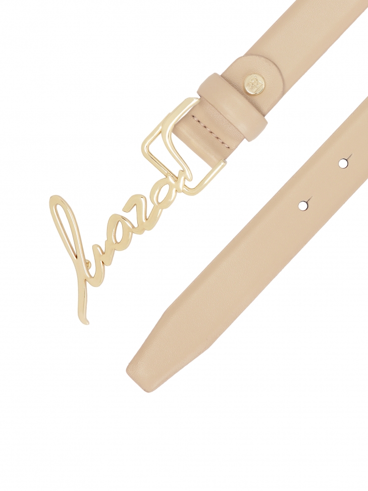 Beżowy pasek z klamrą w kształcie nazwy marki