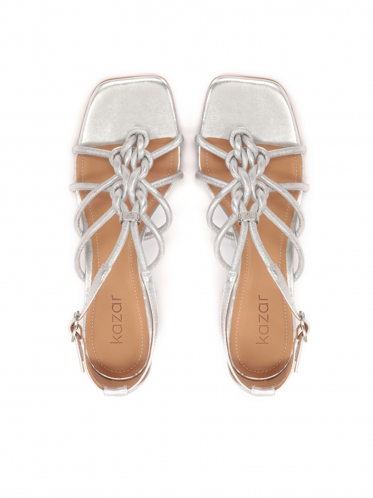 Srebrne skórzane sandały z plecionymi paskami