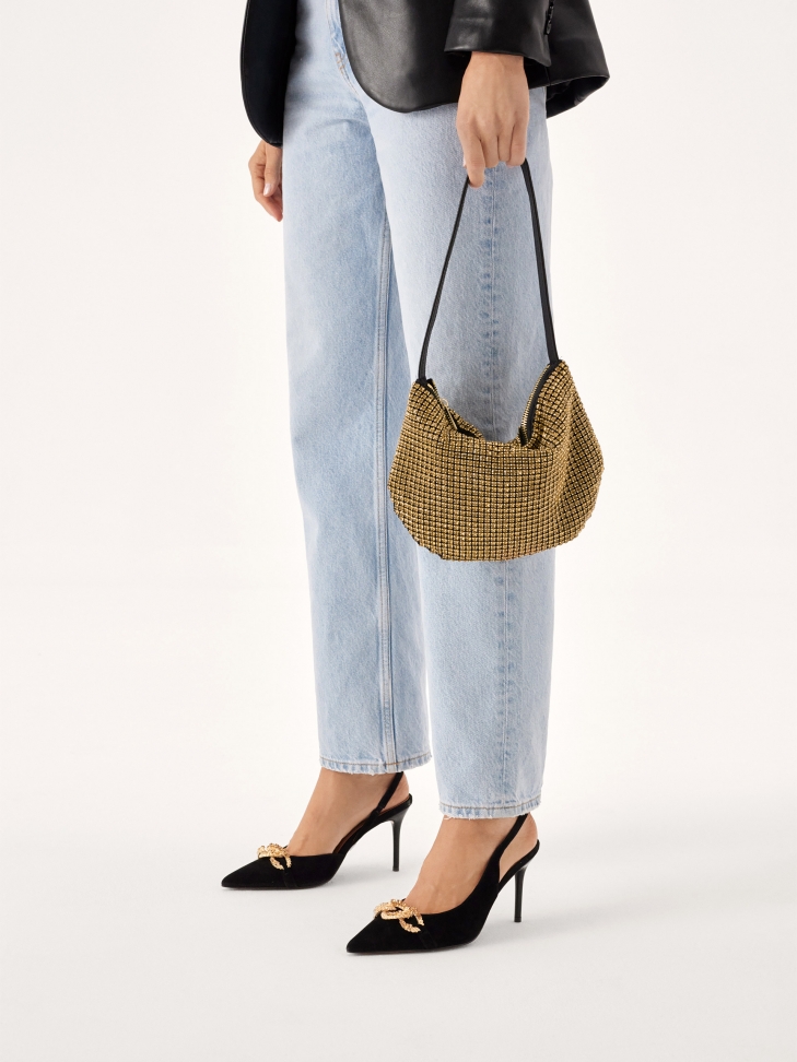 Złota błyszcząca torebka z cyrkoniami