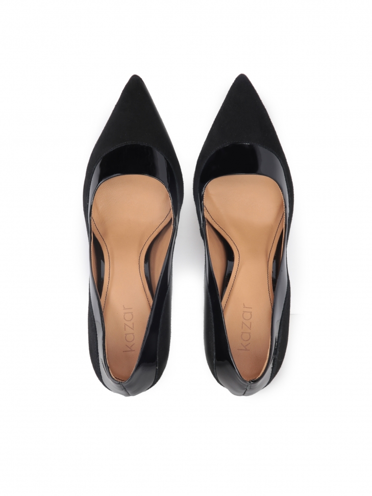 Szykowne czarne czółenka z połyskującej lakierowanej skóry i zamszu